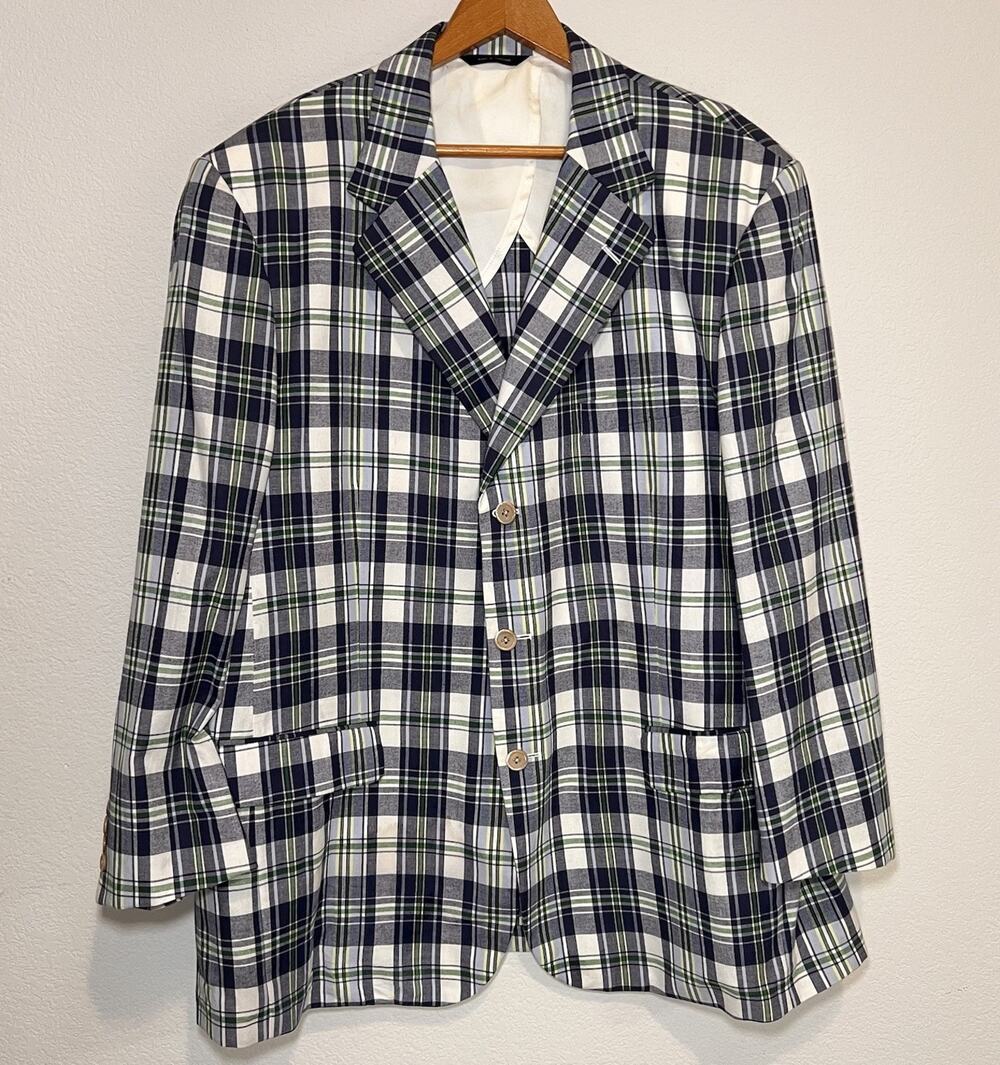 Brooks Brothers 1818 Madison Blazer Size 48R Blue Madras Plaid Jacket Coastal